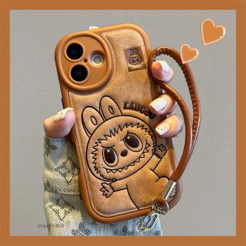 秋冬皮革美拉德色系適用iPhone15手機殼蘋果16promax新款14卡通labubu13可愛女款皮質掛繩15pro全包防摔軟殼