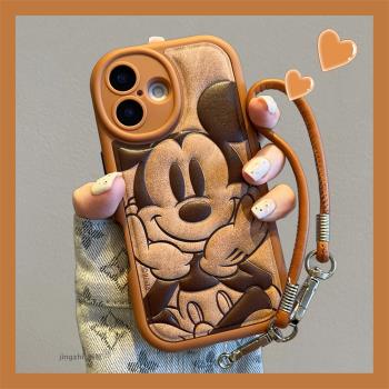 美拉德皮革米老鼠適用蘋果15手機殼iPhone16promax新款14棕色皮紋壓印13秋冬15pro皮質掛繩13pro小眾超火女款