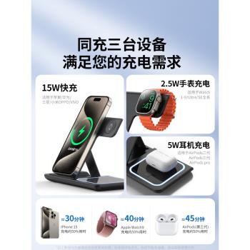 睿量三合一無線充電器適用apple watch手錶蘋果16充電座iphone15支架磁吸MagSafe底座airpods耳機桌面充電站