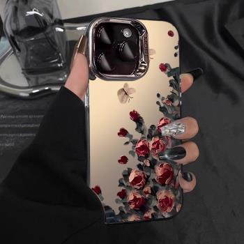 油畫蝴蝶玫瑰適用蘋果16promax手機殼ins風男女iphone15電鍍圈彩銀復古14pro防摔13新款鏡頭加高12高階保護套