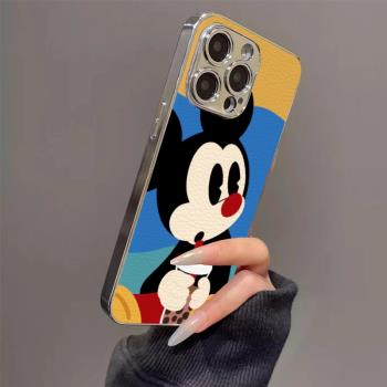 奶茶米奇適用蘋果16promax手機殼新款iPhone15pro卡通14plus趣味可愛13皮質12男女情侶11高階防摔全包x保護套