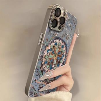 敦煌蓮花適用蘋果16promax手機殼電鍍小羊皮iphone15pro彩繪新款14小眾復古風13簡約女款12全包防摔保護套16