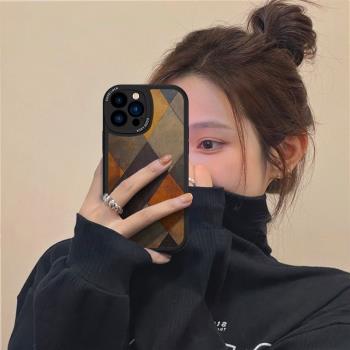 小羊皮復古撞色稜格適用蘋果16promax手機殼新款iphone15Pro塗鴉全包13防摔plus高階感12女神11氣質ip套小眾X