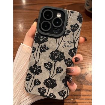復古翻毛皮滿屏玫瑰花適用蘋果16手機殼iphone15promax新款女神14pro高階感13pro超火14promax軟殼ins全包12P