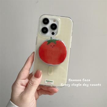 BananaCase韓國ins小眾淡黃色格紋磁吸硬殼適用15promax蘋果14pro手機殼iPhone13西紅柿支架12promax保護套15