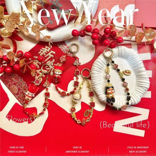 紅色新年系列合金泡泡瑪特手機鏈創意喜慶可愛包包鑰匙扣掛飾