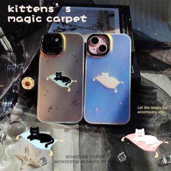 魔毯貓IMD鐳射適用iPhone15promax可愛卡通蘋果16promax新款iPhone13Plus原創設計14情侶全包防摔保護手機殼