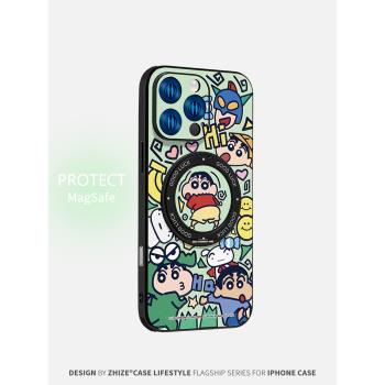 塗鴉小新適用於蘋果16promax手機殼新外殼ip15卡通聯名14Pro防摔素皮磁吸13Promax鏡頭全包16旋轉支架Ho3