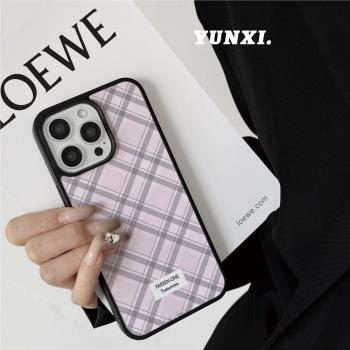 韓風ins氣質粉色格子英文適用iPhone16promax蘋果15手機殼13Promax新款16簡約14少女15Pro全包14Promax保護套