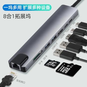 TYPE-C擴充套件8口八合一轉PD+USB-C資料+HDMI+網口+2*USB讀卡集線器