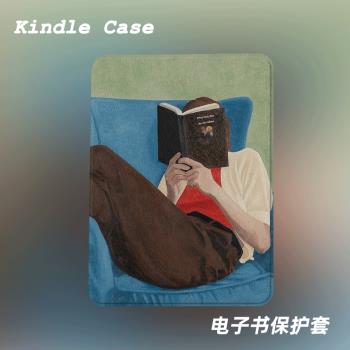 看書油畫適用kindle7代電子書保護套kpw123軟殼958全包防摔帶休眠