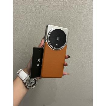 復古素皮拼接電鍍邊框摩卡棕適用小米14ultra手機殼全包新款超薄創意商務高檔防摔網紅小眾潮牌保護套男女款