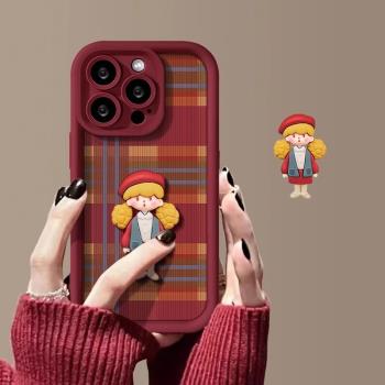 適用於蘋果16promax手機殼立體女孩公仔iphone15Promax保護套可愛14plus酒紅色13新款全包防摔小羊皮網紅磨砂