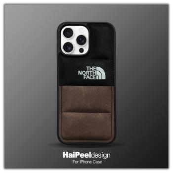 簡約個性潮牌北面iPhone16ProMax羽絨服手機殼15ProMax翻絨皮革咖啡棕綠適用蘋果14冬季情侶男女13防摔保護套