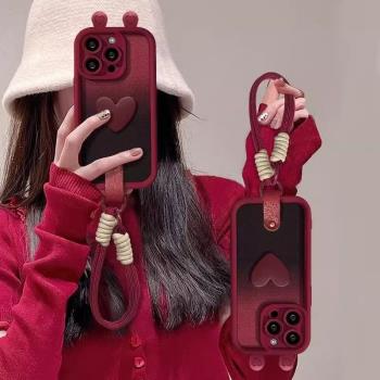暈染漸變適用蘋果16promax手機殼手鏈iPhone15酒紅色仙女14plus個性全包防摔13pm矽膠加厚12愛心11男情侶時尚