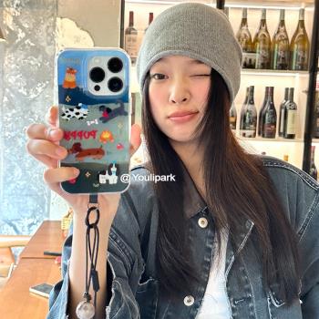 由裡公園ins可愛少女小眾油畫狗狗15適用16pro蘋果16ProMax手機殼iPhone16全包14新款14Promax保護套13軟掛繩