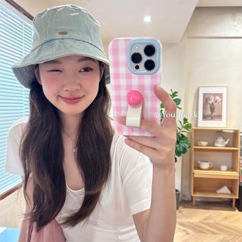 由裡公園ins少女心粉格紋圓球指環15適用16pro蘋果16ProMax手機殼iPhone16全包12新款14Promax防摔保護套13軟