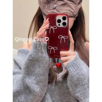 輕派創意ins簡約紅色蝴蝶結帶掛件適用蘋果16promax手機殼iphone13新款15pro女款14日韓風小眾設計感全包硬殼