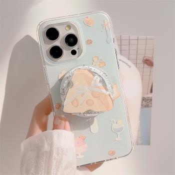 雙層磁吸乳酪支架蘋果16promax適用iphone15手機殼14可愛超薄13新款背貼一體小眾小清新文藝不包鏡頭立體時尚