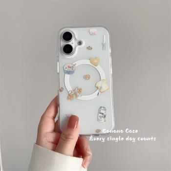 韓國ins小眾奶藍色牛奶麵包吐司插畫磁吸殼適用16promax蘋果15pro手機殼iPhone14磨砂防摔13promax保護套16硬