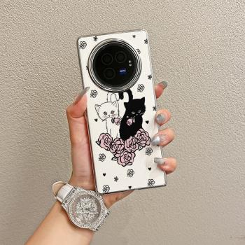 ins風韓風玫瑰貓咪適用vivoxfold3pro手機殼全包新款VIVO折疊屏高階感vivoxfold3翻蓋防摔保護套網紅時尚女