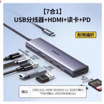 Ugreen綠聯CM511Type-C擴充套件塢hdmi+3USB+sd+tf+pd讀卡七合一25041