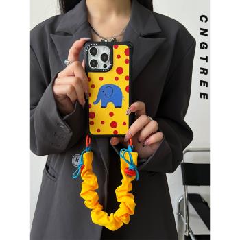 iphone16promax手機殼斜挎韓ins風波點適用蘋果15pro四角開孔皮質硬殼14卡通大象13可調節揹包式掛繩12手提拎