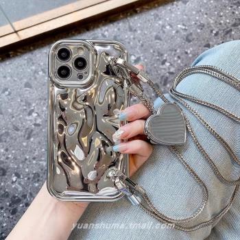 ins風隕石紋電鍍銀適用蘋果15Promax手機殼全包防摔iPhone14Promax鏡子手提鏈13/12鏈條可斜挎保護套潮牌新款