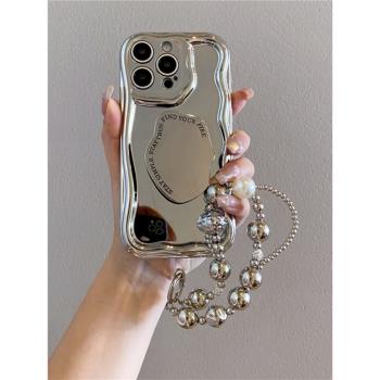 電鍍銀英文支架適用iphone16pro手機殼蘋果15promax手鏈13斜跨掛繩12簡約女款15pro鏡面xs max高階感11新款pm