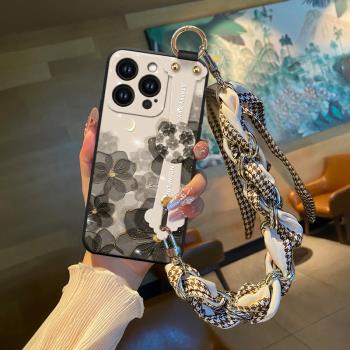 月金白玫瑰適用蘋果16promax手機殼iPhone16新年15pro女款14plus創意13mini腕帶矽膠12pro全包11防摔掛飾外殼
