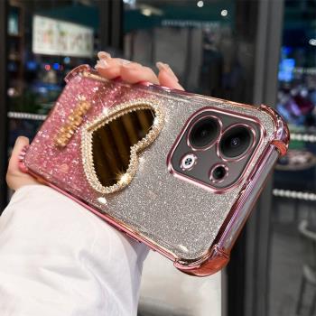 帶鏡頭膜適用OPPOReno13手機殼高顏值閃粉鑲鉆12Pro帶化妝鏡子11網紅女款10/9氣囊防摔8Pro+/7矽膠超薄6掛繩5