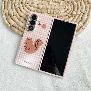 格紋松鼠支架適用三星ZFold7手機殼fold6女新款Fold5折疊屏W24心系天下W25高級小眾超薄防摔日韓國菲林硬殼