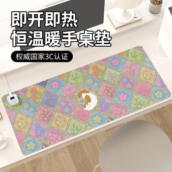 新中式油畫宮廷風花朵加熱鼠標墊子女生冬季取暖防凍手電熱恆溫防水電腦鍵盤墊左側開關辦公室工位桌面發熱墊