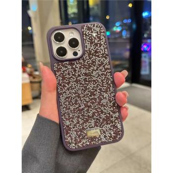 新款蘋果16promax施華洛世奇手機殼閃鉆iPhone15奢華全包矽膠小眾保護套適用14pro輕奢滿鉆紫色超閃手機套女