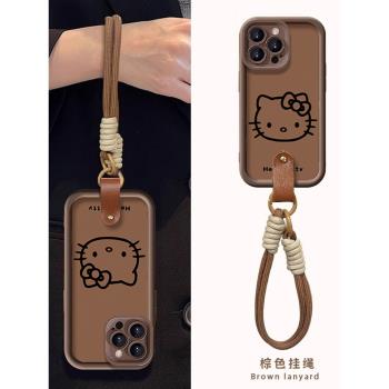 適用蘋果15手機殼秋冬新款iPhone16ProMax復古HelloKitty帶掛繩14全包防摔13可愛女款12小羊皮plus矽膠11軟殼