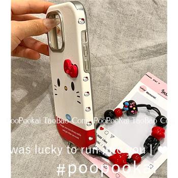 PooPooKai秋冬皮紋拼色側邊圖案貓咪表情適用於蘋果16/15promax/iPhone14pro手機殼13日系ins卡通可愛保護套