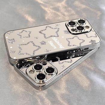 適用蘋果16pro手機殼電鍍鏡面iphone15promax新款彩繪14PM閃粉星星13奢華12情侶創意女款16promax防摔保護套