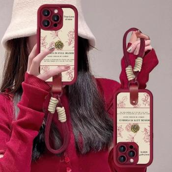 線條山茶花適用蘋果16promax手機殼2025女新款iPhone15保護套高階感ip14帶掛繩紅色12復古11軟矽膠全包防摔