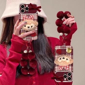 適用蘋果16promax手機殼新款iphone14可愛毛絨小熊雪莉玫15pro保護套女帶掛繩plus全包13小眾高階感12紅色11X