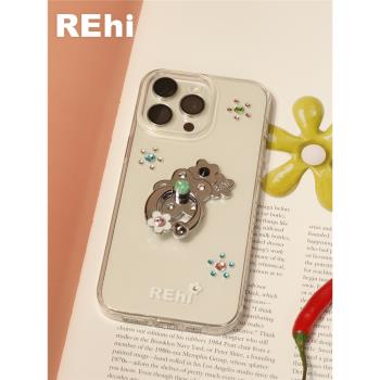 REhi 閃亮花戒指手機殼 原創透明鑲嵌仿鉆imd殼 金屬花朵戒指支架iPhone15 ProMax