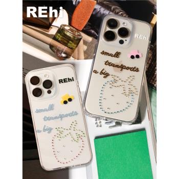 REhi 小車載大草莓手機殼 原創透明鑲嵌仿鉆imd殼夏日感iPhone15 ProMax