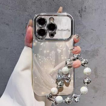 適用蘋果16promax手機殼夢幻蝴蝶iphone15pro氣質女神高階感14彩繪13電鍍大視窗12帶掛繩女16矽膠防摔保護套