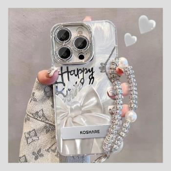 羽紗蝴蝶結支架適用蘋果16promax手機殼彩繪新款iphone15pro高階奢華女款14不會撞殼13矽膠全包16pro防摔套
