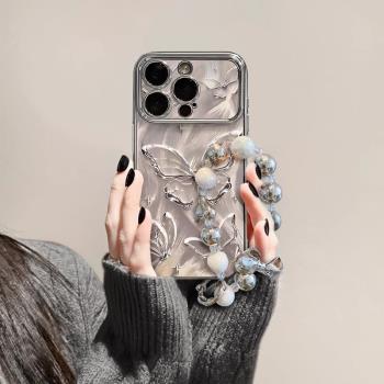 電鍍羽紗蝴蝶16適用蘋果15promax手機殼iPhone14新款13/12mini全包防摔11小清新女8p大視窗14plus火xsmax卡通