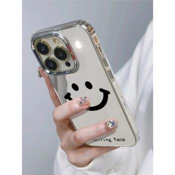 酷圖適用蘋果15promax新款鏡面笑臉手機殼15pro保護套簡約iphone14高階感女plus全包防摔13爆款12鏡子16網紅x