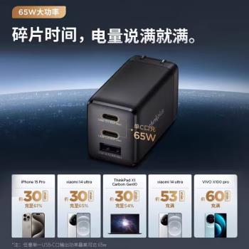 thinkplus GaN氮化鎵聯想筆記本電腦電源三口三個插頭快充電器65W