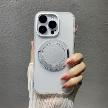 360度隱形支架適用蘋果16promax手機殼車載磁吸透明iPhone15磨砂14pro全包防摔13高階感簡約純色2024新款氣質