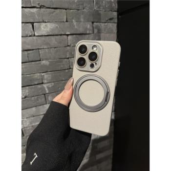 適用蘋果15promax手機殼14新款MagSafe磁吸旋轉支架iPhone16pro鈦灰色13pm全包鏡頭plus防摔保護套超薄荔枝紋