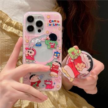 粉色鏤空巧可餅蠟筆小新雙層磁吸IMD手機殼適用iphone16promax可愛女生蘋果15大孔防摔支架13不撞殼12卡通14