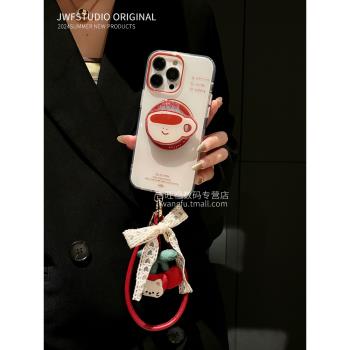 韓風ins創意咖啡磁吸支架適用蘋果16promax手機殼酒紅櫻桃掛墜iphone13新款14女15promax防12摔16pro透14明套